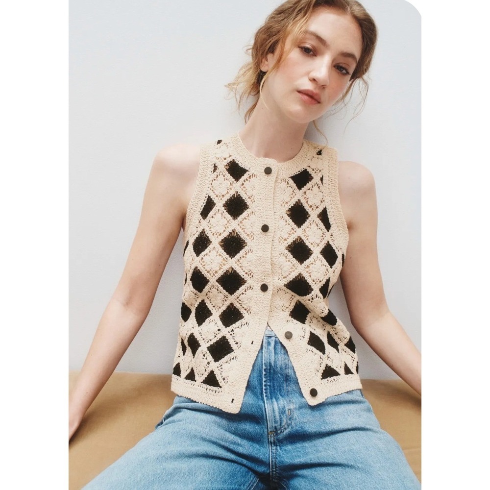 CeCe Crochet Cardigan Vest Womens XL Cream Black Good Diamond Knit Layering